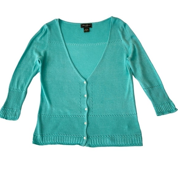 Vtg. Eddie Bauer Silk & Linen Blend Cottagecore Cardigan Lt. Aqua Sweater Sz M - Picture 1 of 11